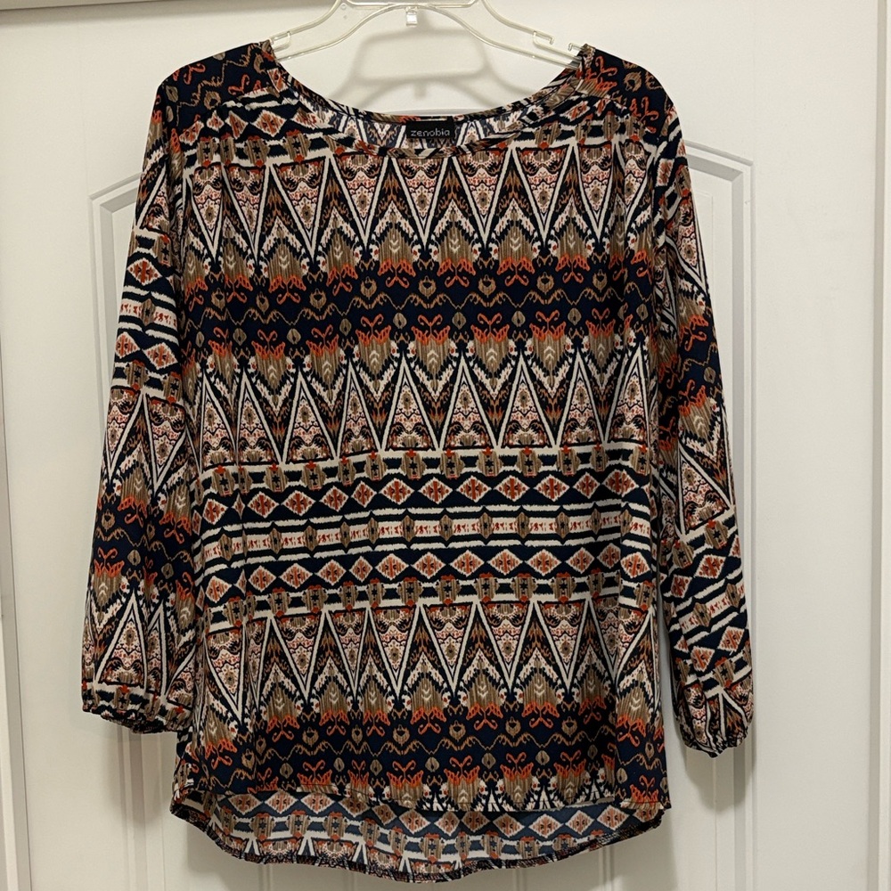 Zenobia Navy and Burnt Orange Geometric Blouse